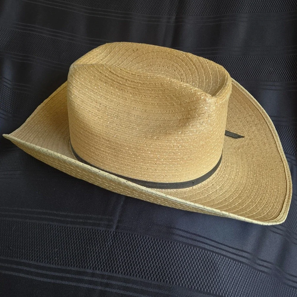 Vintage Straw Cowboy Hat 7 3/8 Natural Tan Woven Western Cattleman Crease